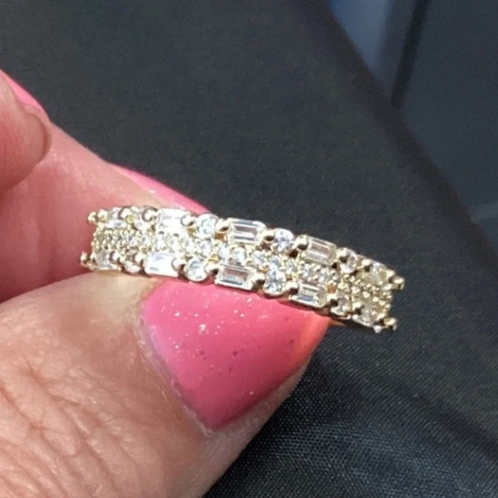 Eternity Band Ring Baguette Round Cut Gold Tone Statement Ring - Picture 5 of 8
